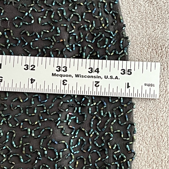 Vintage 80’s Silk Allover BEADED DRESS Shimmer Low Back Sleeveless Black Green 4 - Picture 12 of 14